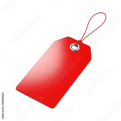 Single red tag with string attachment isolated on transparent background
