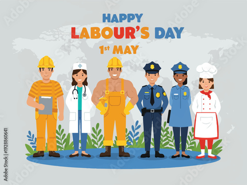Labour day celebration with diverse workers and professionals standing together  may 1st