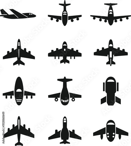 Twelve airplane silhouette vector illustration, black and white aircraft icons, commercial military cargo plane design, aviation graphic art collection