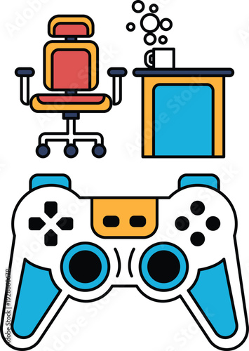 A black and white drawing of a video game controller with a chair