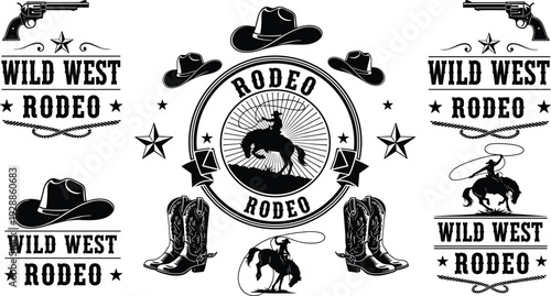 Vector illustration of Wild West rodeo collage with cowboy hats, revolvers, horses, stars, and emblems symbolizing culture and tradition