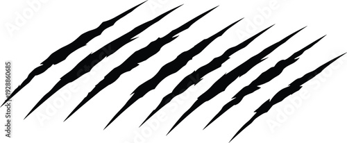 Claw marks silhouette illustration with jagged scratches, diagonal slashes, sharp torn lines, aggressive animal attack symbol, vector artwork design
