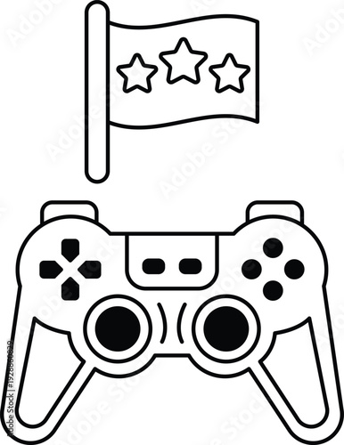 A black and white image of a video game controller with a flag in the background