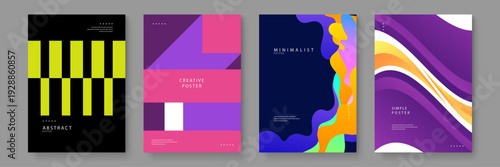 Collection of four premium abstract posters featuring geometric patterns, organic liquid shapes, and bold color palettes for contemporary wall art or cover design