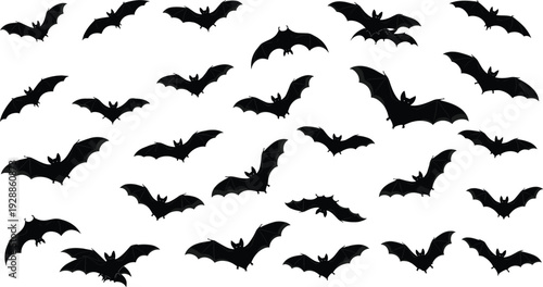 Vector illustration of bat silhouettes, flying nocturnal animals, black shapes in motion, Halloween motifs, gothic wildlife artwork, spooky decorative design