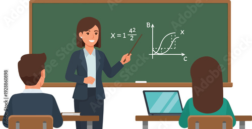 Teacher explaining a mathematical formula on a blackboard to students, with a laptop on the desk