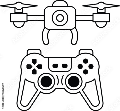 A black and white drawing of a video game controller and a drone