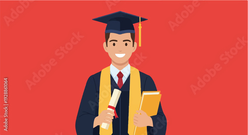 A happy male graduate in cap and gown, proudly holding a diploma and a book, celebrating academic achievement and the successful completion of his studies