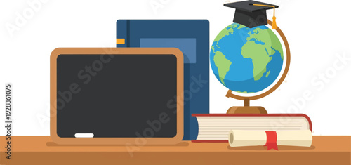 Illustration of educational objects including a globe, books, a graduation cap, and a blackboard on a desk, symbolizing knowledge and learning