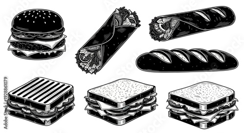 Assorted Sandwiches and Buns Illustration Featuring Burger, Wrap, and Bread on White Background from Direct Viewpoint