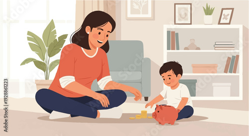 Mother and son happily playing with a piggy bank, depositing coins in a cute pink pig money box, teaching financial literacy at home