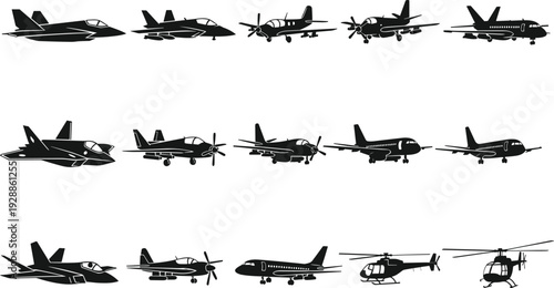 Vector illustration of diverse aircraft silhouettes, airplanes and helicopters, military jets, commercial planes, propeller aircraft, rotary wing designs