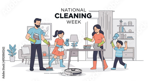Illustration of a family of four cleaning together in a house during National Cleaning Week with colorful, flat design elements.