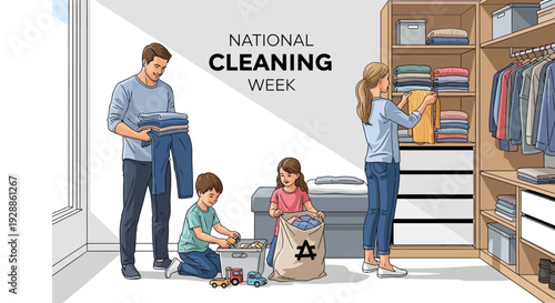 Illustration of a family, including a man, woman, and two kids, engaging in cleaning and organizing activities in a house during National Cleaning Week.