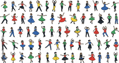 Colorful dancer vector illustration collection, diverse dance poses artwork, rhythmic movement design element, expressive performance graphic, cultural motif pattern
