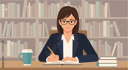 Dedicated professional woman focused on writing notes, surrounded by a library of books, symbolizing education, knowledge, and intellectual pursuit