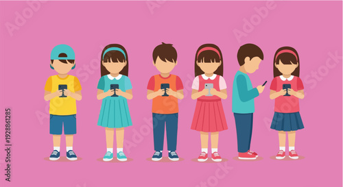 Illustration of children using smartphones, isolated on a pink background, showing modern connectivity and technology adoption among youth