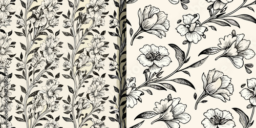 Vintage floral pattern featuring sketched blooms and delicate foliage designs
