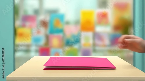 A person's hand places a pink folder on a desk in a classroom