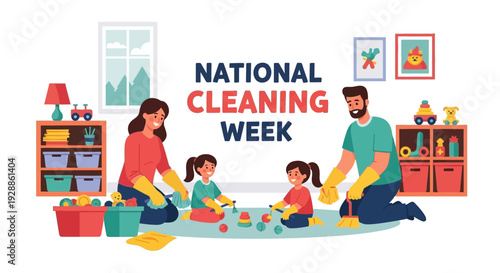 Illustration of a family with kids cleaning a house together during National Cleaning Week with colorful cleaning tools and supplies around them.