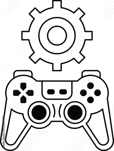 A black and white image of a video game controller with a gear on it