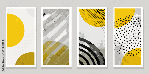 Four framed abstract art prints with yellow gray and black tones