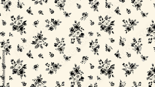 Black and white floral pattern on a cream colored background