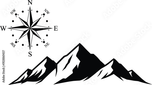 Compass rose vector illustration with mountain range, cardinal and intercardinal directions, navigation design, outdoor adventure, exploration theme, black and white style