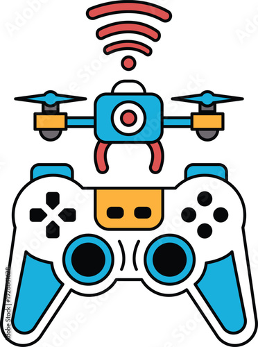 A black and white drawing of a video game controller with a drone on top
