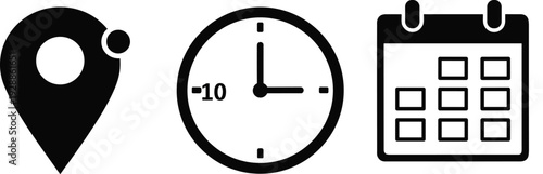 Location pin icon, clock time symbol, calendar date graphic, scheduling planning illustration, time zone offset design, event coordination interface icons