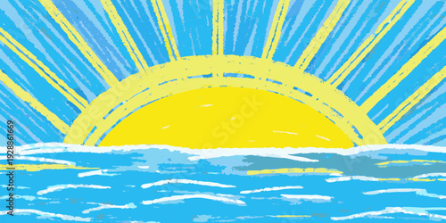 Bright yellow sun rising over blue waves a cheerful seascape