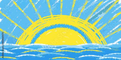 A brightly colored childlike drawing of a sun rising over waves