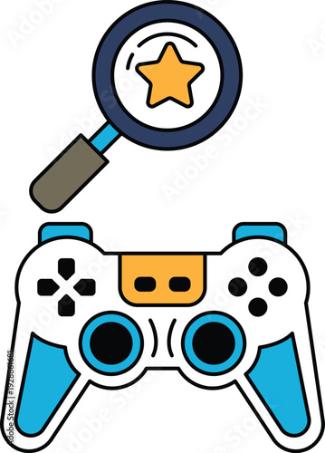 A black and white image of a video game controller with a magnifying glass on to