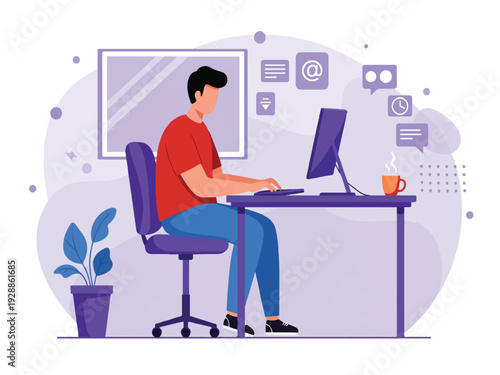 Man sitting at desk working on computer with coffee and plant in office setting with digital icons floating around  working on keyboard and monitor