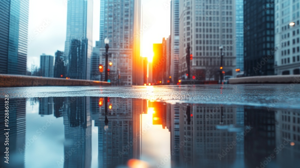 Fototapeta premium Wet street reflecting chicago's iconic skyscrapers and a vibrant sunset in puddles after rain, creating a stunning urban landscape filled with dramatic evening light