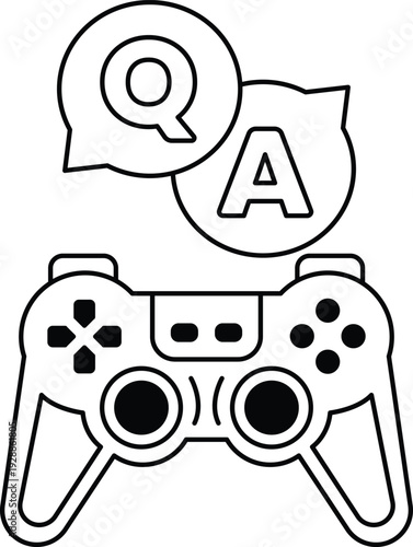A black and white image of a video game controller with the letters Q