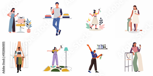 Diverse individuals using spray bottles for refreshing and cleaning in various home and professional settings, depicted in a modern flat illustration style.