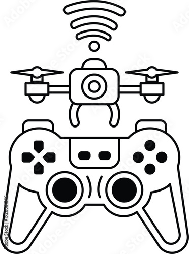 A black and white drawing of a video game controller with a drone on top