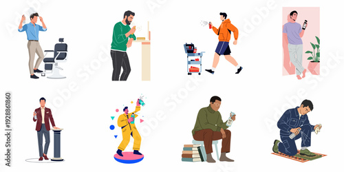 Variety of Men Using Spray Bottles for Personal Care, Maintenance, and Artistic Expression