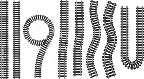 Vector illustration of model train track layouts, curved and straight rail designs, wavy configurations, circular loops, U-shaped railway patterns