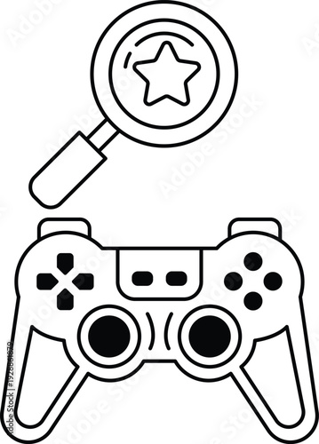A black and white image of a video game controller with a magnifying glass on to