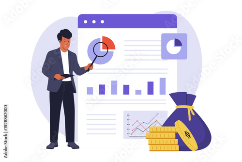 Fundamental Analysis Concept with Analyst Examining Financial Report Data. A professional analyst analyzes a company's financial statements to determine its intrinsic value and health.