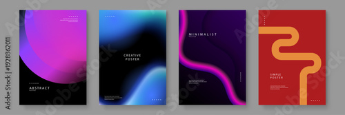 Set of four diverse abstract posters featuring spherical gradients deep blue blurs neon paths and bold geometric red layouts for modern branding