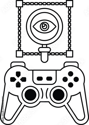 A black and white image of a video game controller with a magnifying glass on to