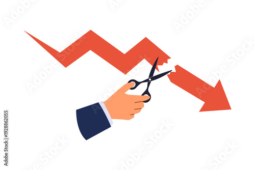 Stop Loss Concept with Scissors to Cut a Falling Red Arrow. Illustration of a representing an order placed to sell a security when it reaches a certain price to prevent further financial loss