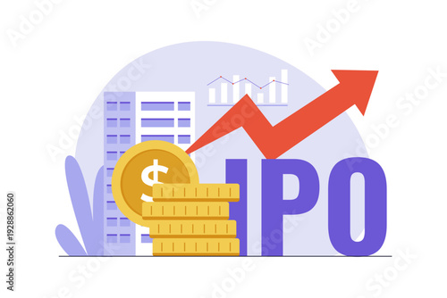 IPO Initial Public Offering with Office Building. A conceptual illustration of an office building with gold coins and a rising red arrow. representing a company's first sale of stock to the public