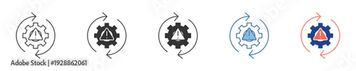 Gear with warning symbol and circular arrows icon set depicting ongoing process issues, system alerts, and operational updates vector illustration