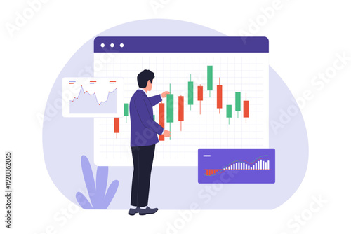 Technical Analysis Concept with Traders Monitoring Candlestick Charts. A professional trader analyzes candlestick price charts on a digital monitor to predict future price movements.