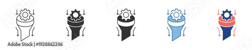 Dynamic vector icon collection illustrating a gear moving through a funnel, symbolizing process optimization, system efficiency, and streamlined workflow, ideal for strategic business management