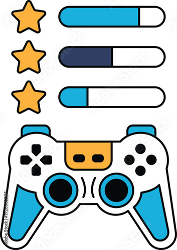 A black and white image of a video game controller with three stars